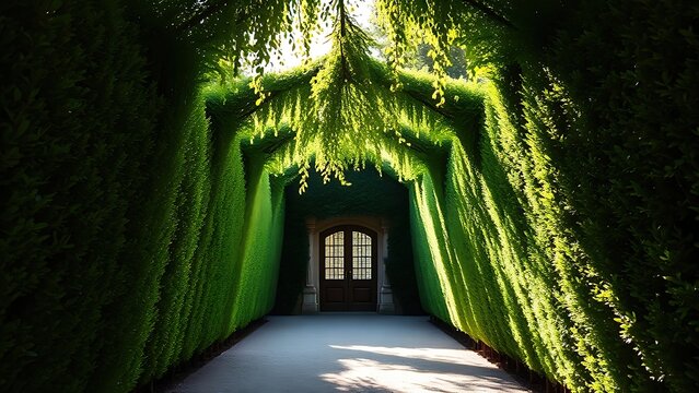 privet. Arching privet hedges forming a green tunnel entrance to a historic estate. gardening catalogs, home-decor guides, designed for home decor and floral branding, promotes healthy living.
