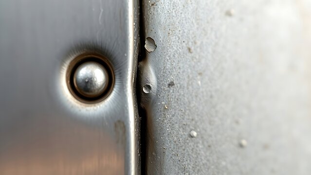 brazing. Extreme close-up detail of a smooth silver brazing seam between two steel surfaces. safety posters, maintenance manuals, designed for industrial assembly lines and welding operations.