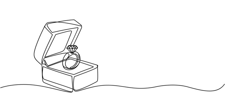 Continuous one line drawing of engagement or wedding ring in the gift box. Editable line vector, Diamond engagement ring in open jewelry box continuous one line drawing vector illustration