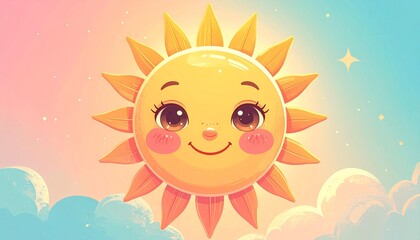 Obraz premium A cheerful smiling sun with rosy cheeks shines warmly over soft pastel clouds, spreading joy and positivity in a dreamy, whimsical sky