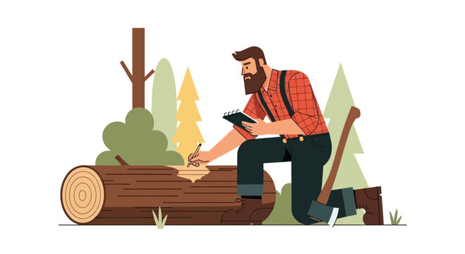 Forester In A Forest Taking Notes Beside A Fallen Log