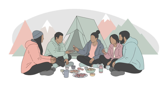 Friends Camping Together Enjoying A Meal In The Mountains Outdoors