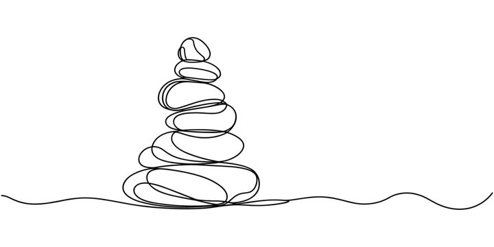 Pebbles with circles in sand in one continuous line drawing. Balance and enjoying life in a simple linear style. Spa wellness and massage salon editable stroke. Doodle vector illustration, Lined Spira
