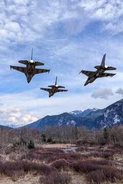 Three Fighter Jets Flying in Formation Over Mountain Valley With BC Canada Background in 3D Rendering