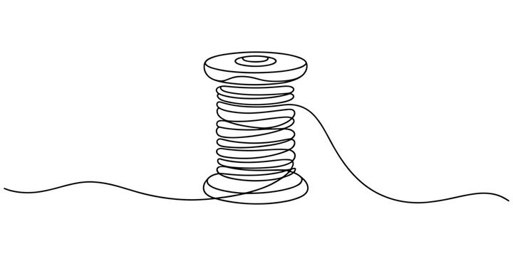 Continuous one line drawing of textile spool of thread. Spool of thread single line art vector illustration. Editable vector, Continuous one line drawing of sewing needle and thread spool, minimalist.