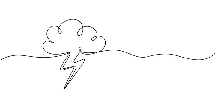 Continuous one line drawing of thundercloud and lightning symbol. Vector illustration, Concept of sadness in inclement weather, depression, stress, Single line vector illustration element. Anxiety pro