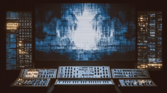 A vintage-style synthesizer workstation sits before towering control panels and a blue digital soundscape display, evoking cinematic sci-fi studios, music production, and electronic creativity.