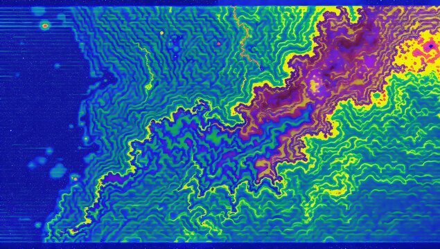 Abstract vibrant topographic heat map with wavy fluid patterns. High-contrast digital terrain background representing data visualization, geographic science, and futuristic thermal imaging.