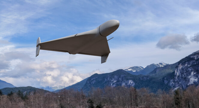 Kamikaze Drone 3D Rendering Of Unmanned Aerial Vehicle Flying Over Mountain Landscape