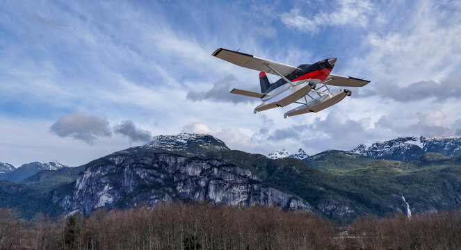 Seaplane Flying Over Snowcapped BC Mountains With Dramatic Sky and 3D Rendering
