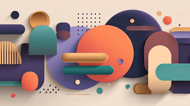 Assemblage of colorful three dimensional geometric shapes creates a modern abstract background design
