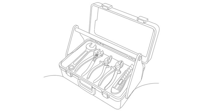 Line art illustration of open toolbox with essential hand tools