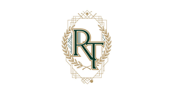 Elegant RT monogram logo with art deco frame and laurel wreath