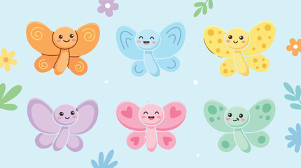 Fototapeta premium Cute Colorful Cartoon Butterflies Collection with Happy Faces