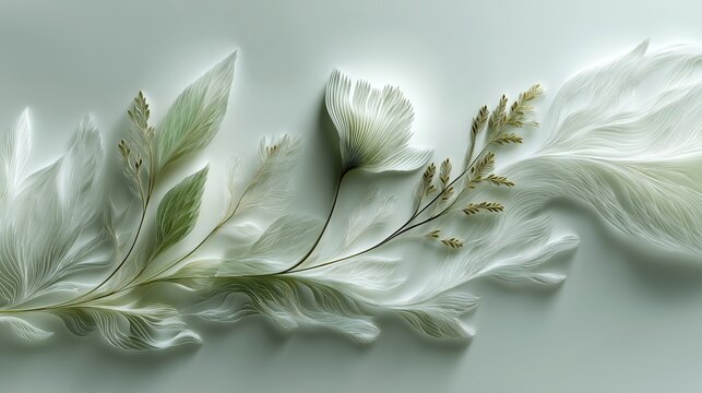 AI-generated image of a high-key flora bas relief in white and green