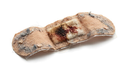 Obraz premium Used Bloody Bandage Dirty Adhesive Plaster on White Background