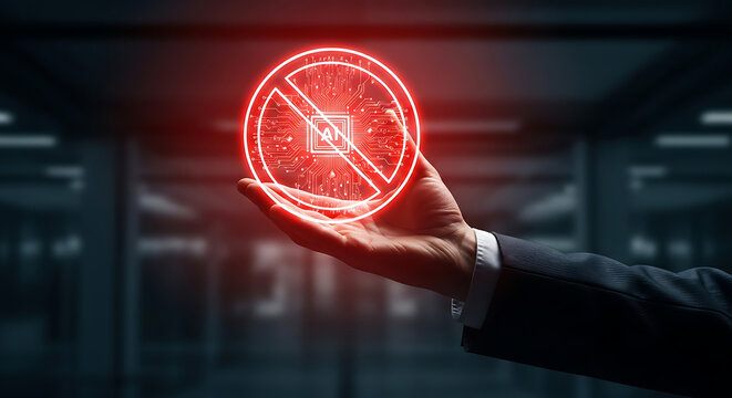 Business professional hand presenting red artificial intelligence ban sign on dark background suggesting ethical ai control