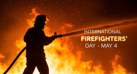Obraz premium Firefighter silhouette sprays water on blaze