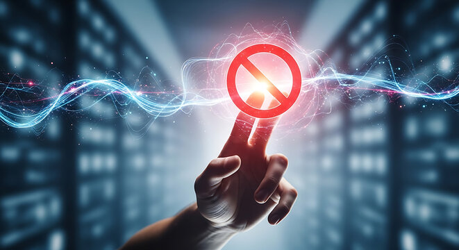 Finger touching forbidden sign glowing red electric energy abstract background technology digital prohibition restricted access