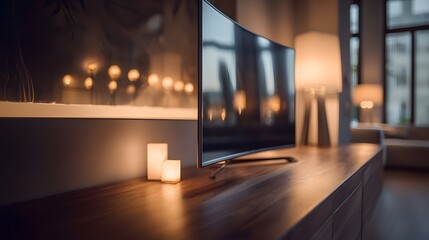 Naklejka premium Cozy Living Room Ambiance with Modern TV and Warm Lighting.