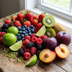 Obraz premium Vibrant assortment of fresh berries kiwi lime and plums surface