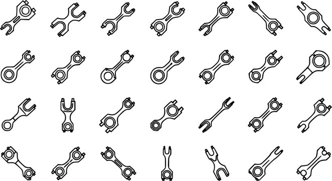 Seamless pattern of various outline wrenches and connecting rods, mechanical parts, and automotive tools. Black and white vector icons for engineering backgrounds.