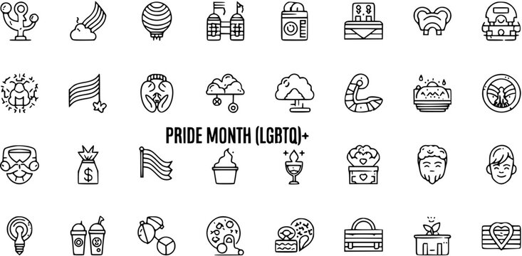 Pride Month LGBTQ Icons: Rainbows, Flags, Hearts, People, Food  More for Celebration