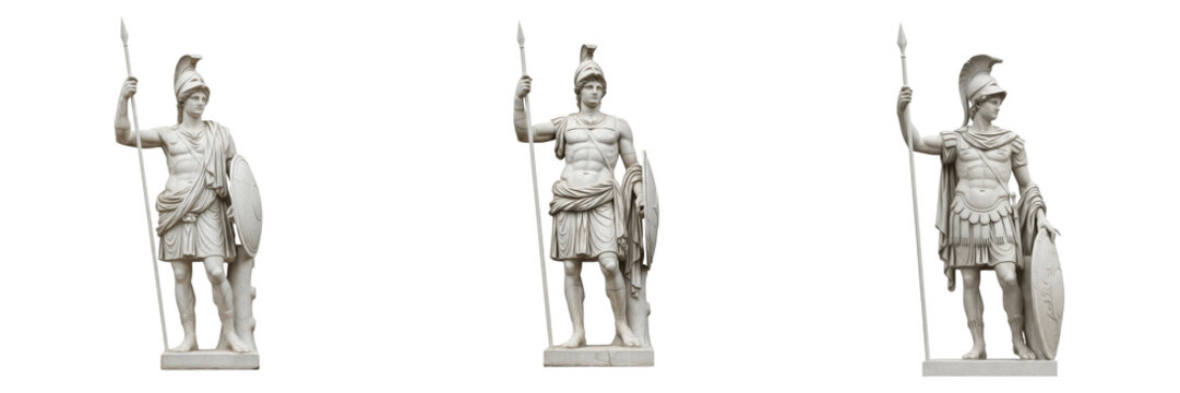 Ancient Greek Warrior Statue, Classical Marble Sculpture of Spartan Soldier with Spear and Shield, Hellenistic Art, Museum Replica, Mythological Figure, Isolated On White.