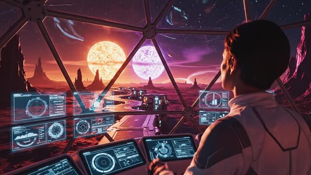 Explorer watches alien planet with two suns from futuristic spaceship