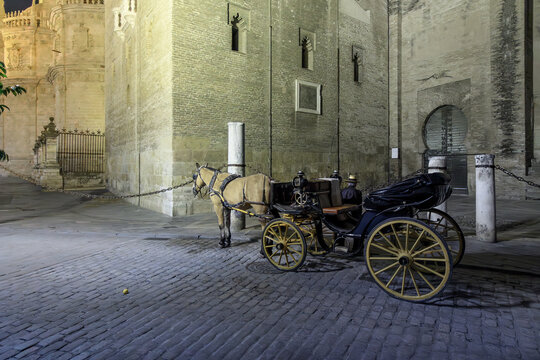 A horse drawn carriage sits empty while the driver waits for tourists late at night outside the Seville Cathedral in the historic Barrio Santa Cruz district of Seville, Spain.