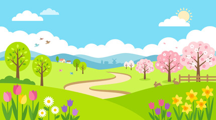 Fototapeta premium Spring Landscape with Rolling Hills and Blooming Trees