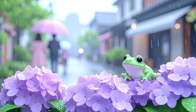 雨に濡れる紫陽花と傘をさして街を歩く人々　日本の梅雨の日常風景
