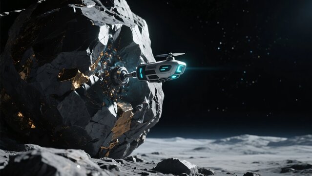 宇宙空間の岩肌で金色の鉱脈を採掘している白いドローンの画像