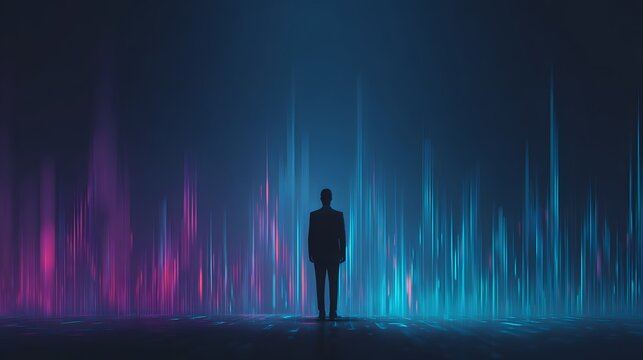 Silhouette of a Man Standing in Front of Abstract Digital Light Beams.