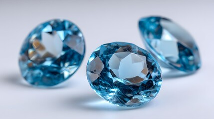 Fototapeta premium Three Brilliant Cut Blue Topaz Gemstones on a White Background.