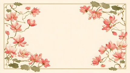 Fototapeta premium Elegant Floral Border with Pink Lotus Flowers and Green Leaves.