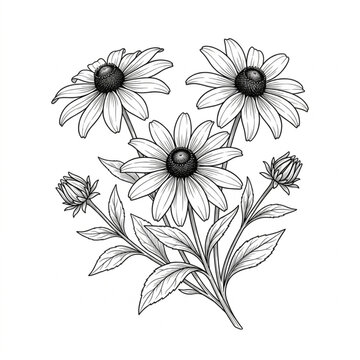  Black-eyed Susan flower line art isolated in white background