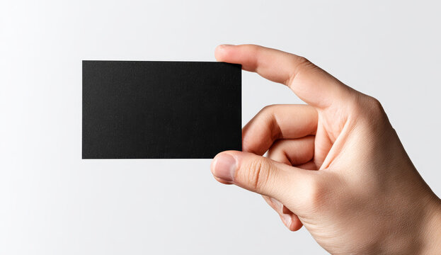 Person holding a small black a5 card with a smooth matte surface and sharp edges