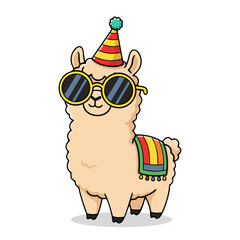 Fototapeta premium Cute Llama with Party Hat and Sunglasses Animal Illustration
