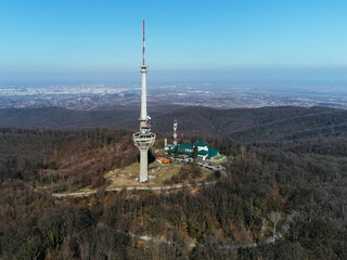 Obraz premium The aerial view of the TV tower, bombed by NATO army in 1999, Irishki venac, Frushka tower, Novi Sad, Serbia, Europe