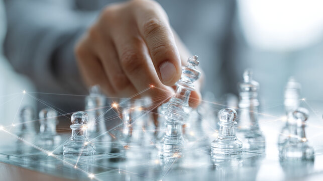Person moving a chess piece on a glass chessboard with digital overlay for strategic planning