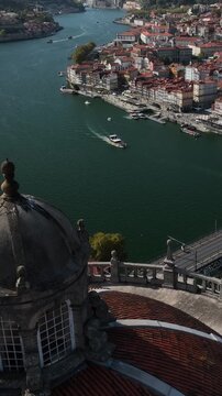 Aerial Drone View of Historic Downtown Porto over Douro River on Sunny Day