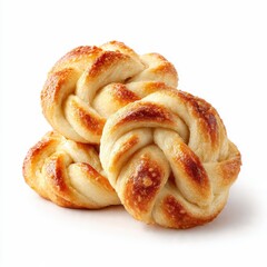 Fototapeta premium Freshly baked golden brown braided sweet buns, artfully stacked and isolated on a pristine white background, perfect for breakfast, dessert, or a delightful snack.