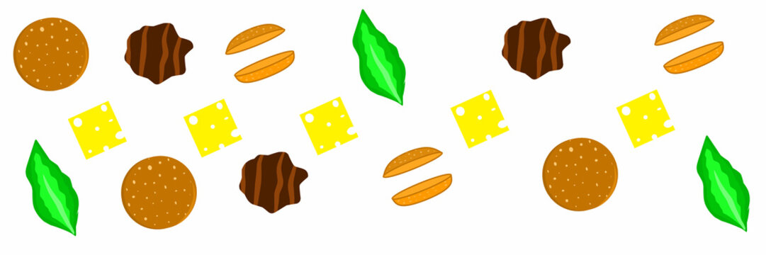 Seamless pattern of burger ingredients. Illustration of burger, bun, cheese, meat, and vegetables.