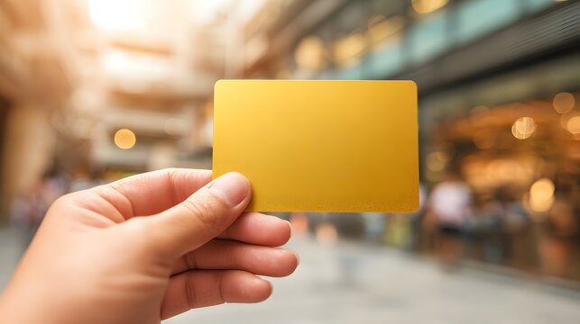 Hand holding a blank golden credit card in a blurred urban background.