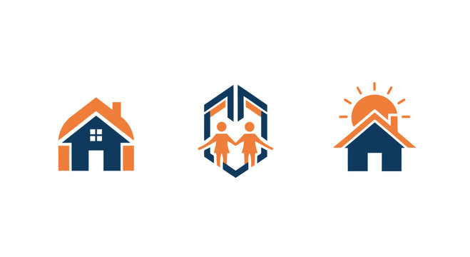 Set of modern house logos, family icons, and sun over roof designs
