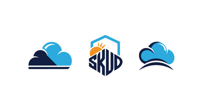 Cloud computing logos: SKUD, abstract cloud shapes, sun and hexagon