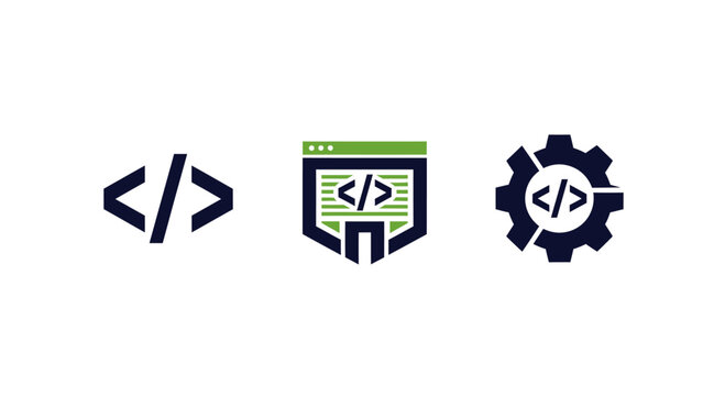 Coding and Development Icons: Code Symbol, Browser Window, and Gear
