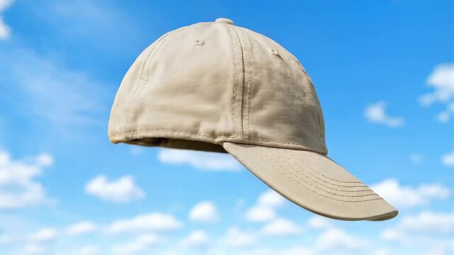 Blank Beige Baseball Cap Floating Against a Blue Sky