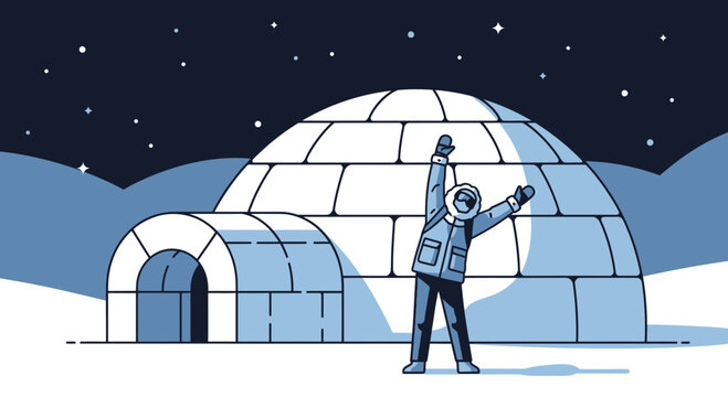 Joyful Arctic Explorer In Front Of Igloo Under Starry Night Sky